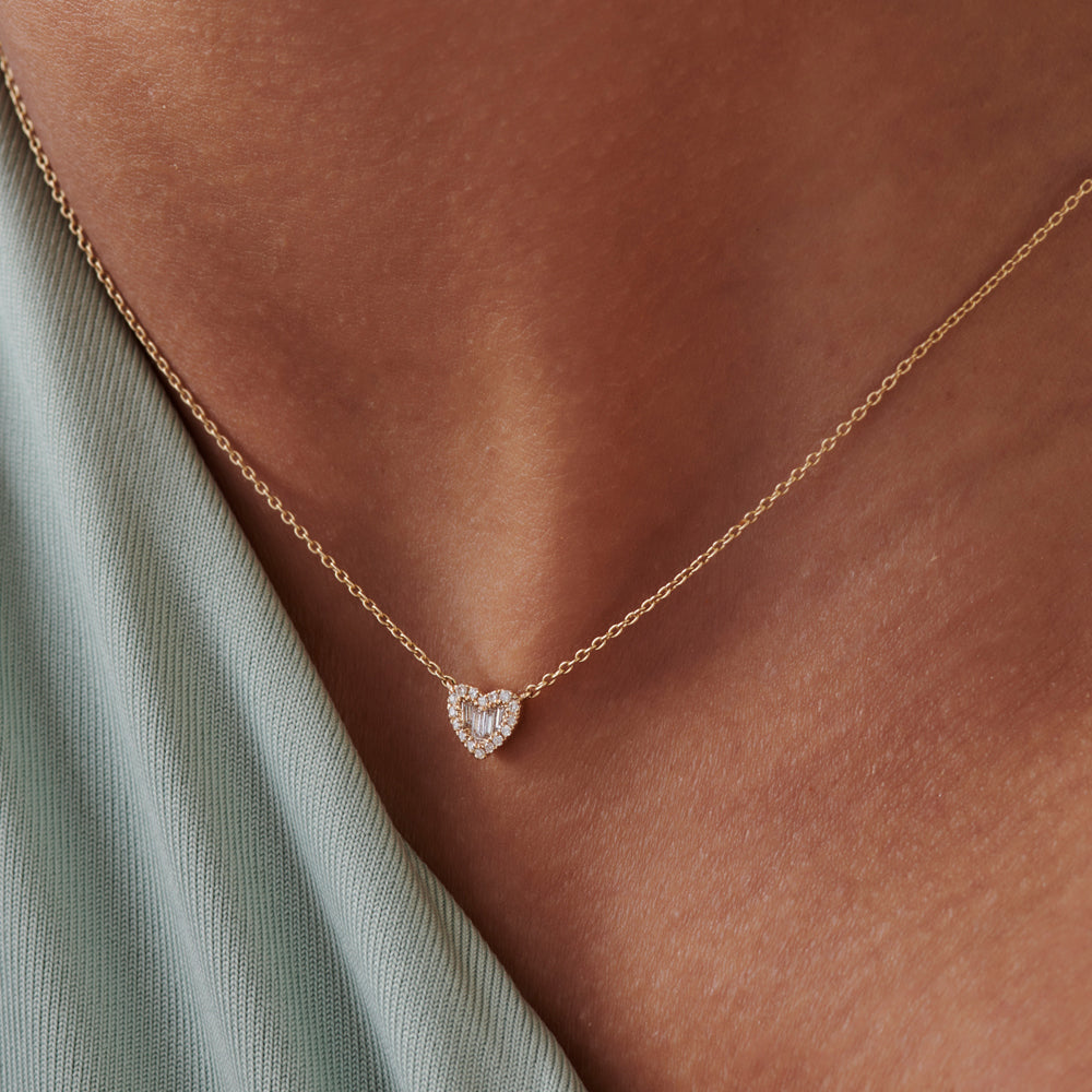 Round and Baguette Diamond Mini Heart Necklace in 14K