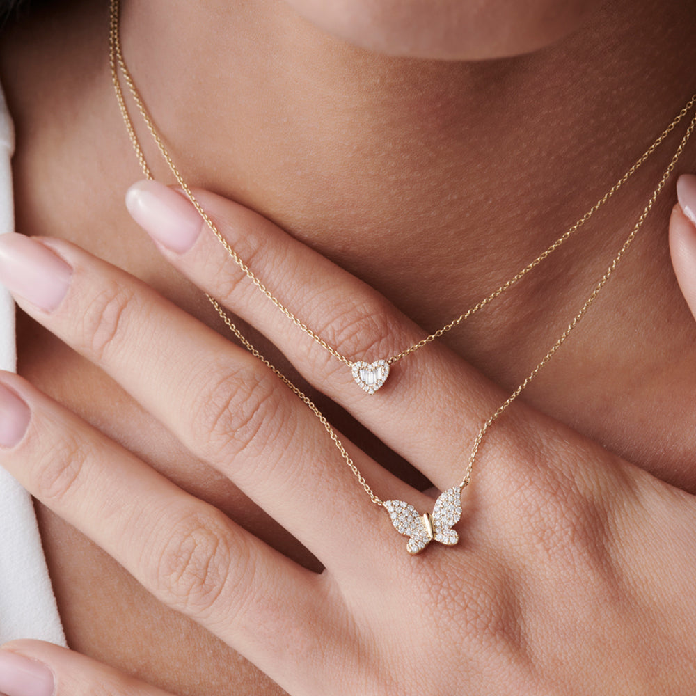 Round and Baguette Diamond Mini Heart Necklace in 14K
