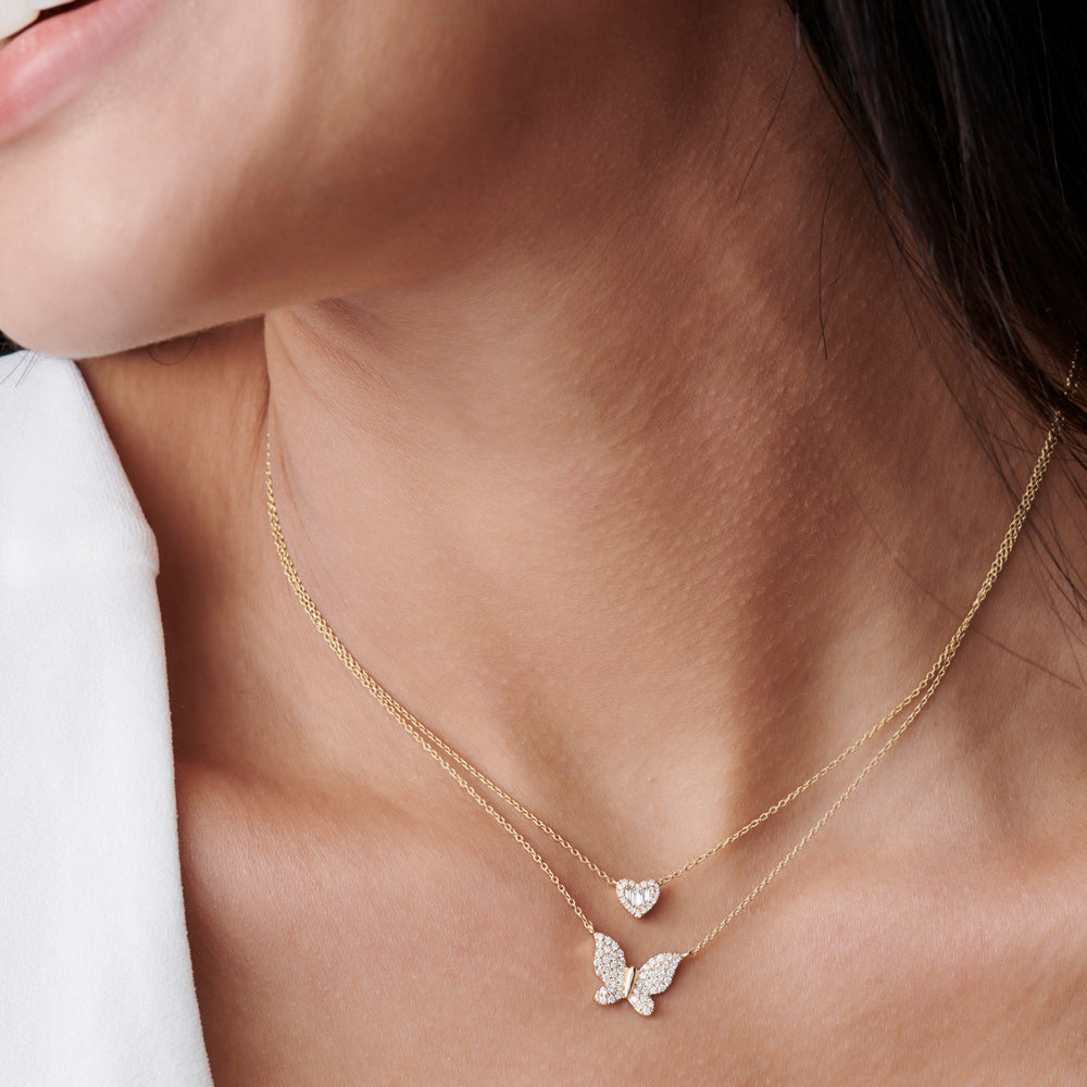 Round and Baguette Diamond Mini Heart Necklace in 14K