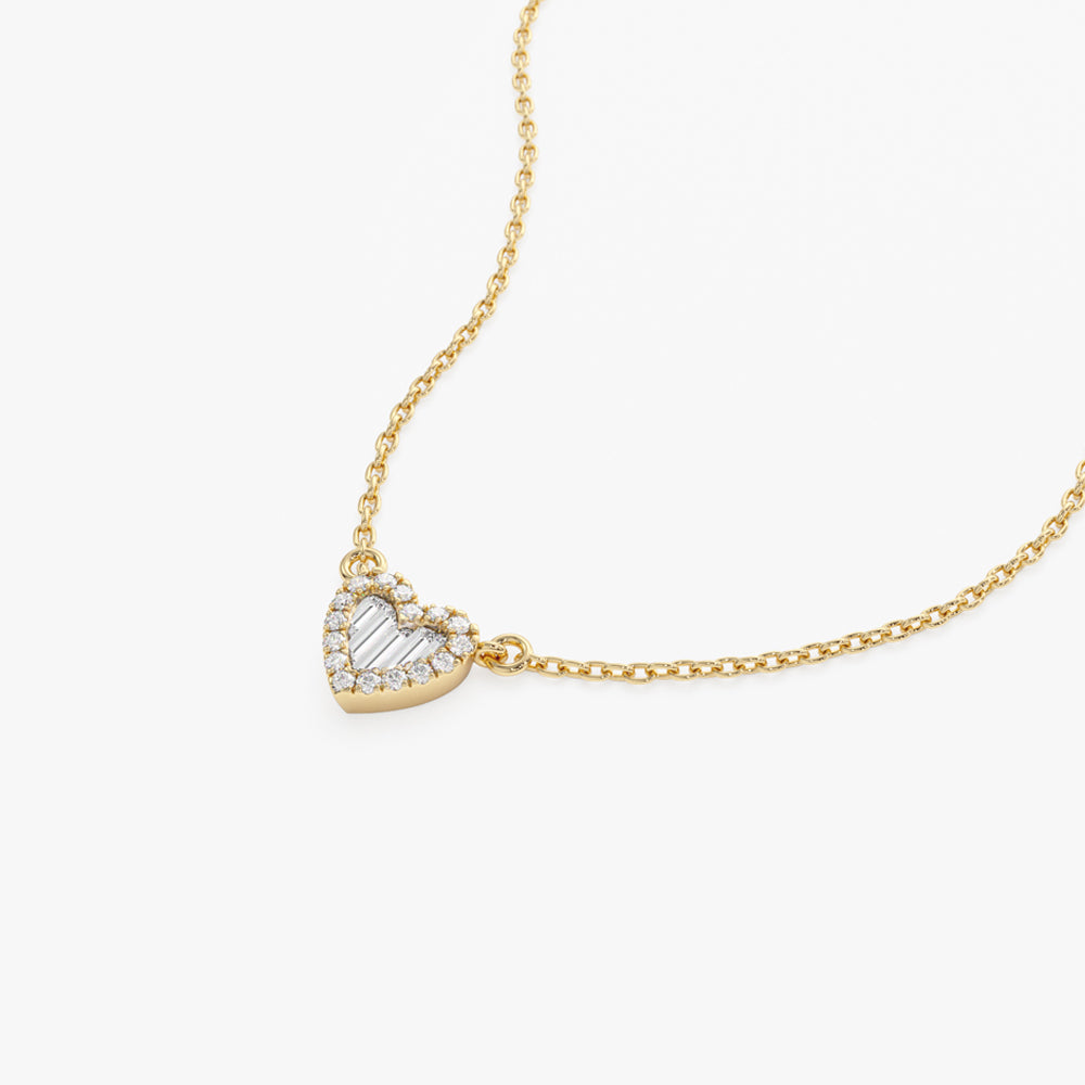 Round and Baguette Diamond Mini Heart Necklace in 14K