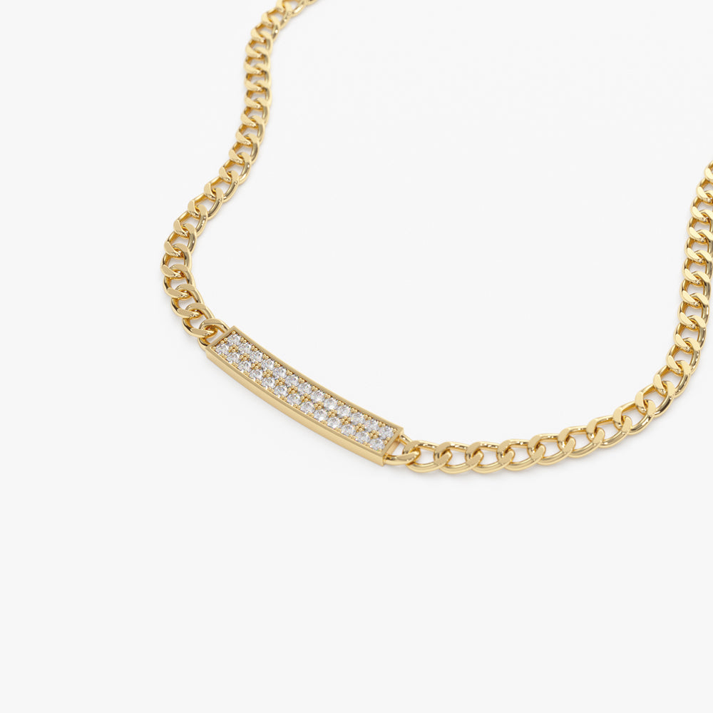 14k Gold 3MM Curb Link Diamond Pave Necklace