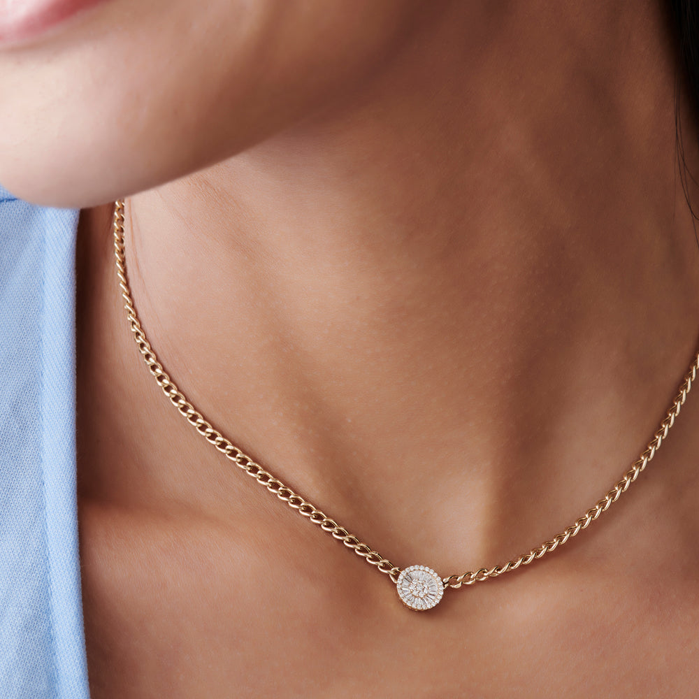 14k Gold Curb Link Baguette Diamond Disc Cluster Necklace