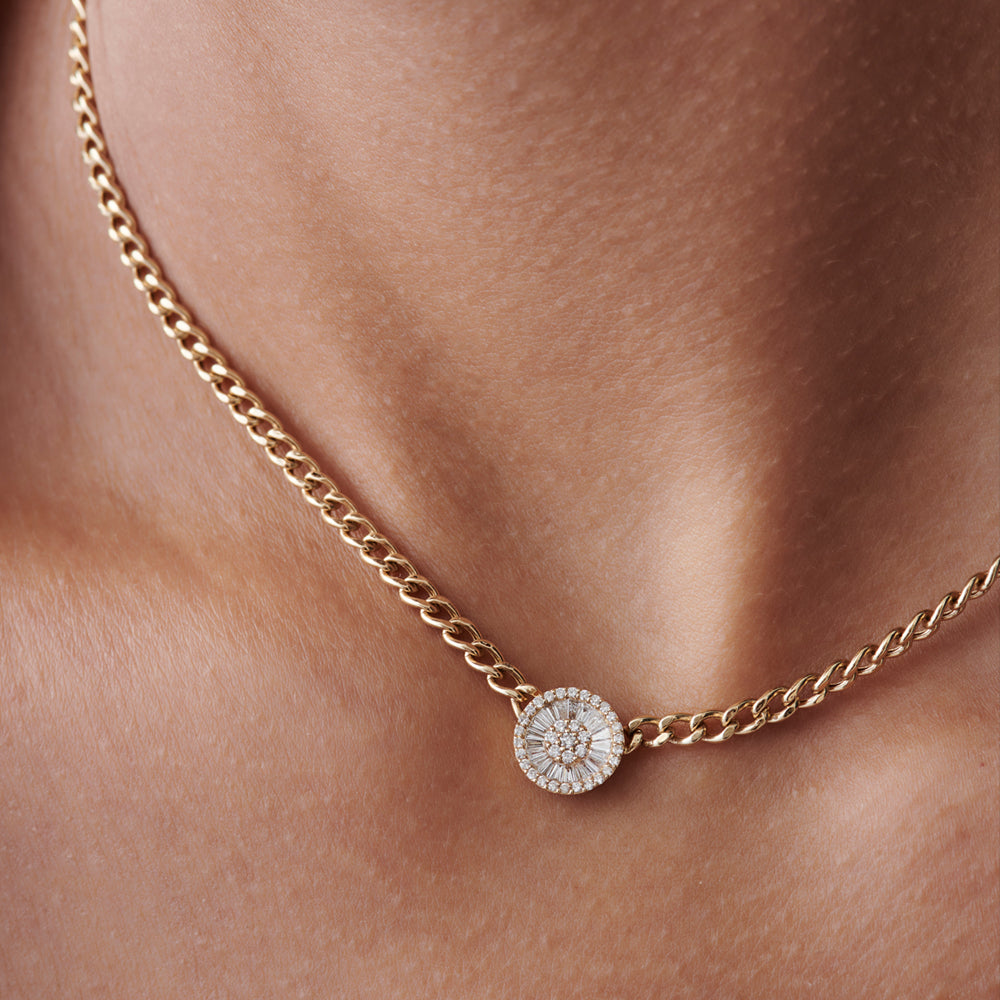 14k Gold Curb Link Baguette Diamond Disc Cluster Necklace