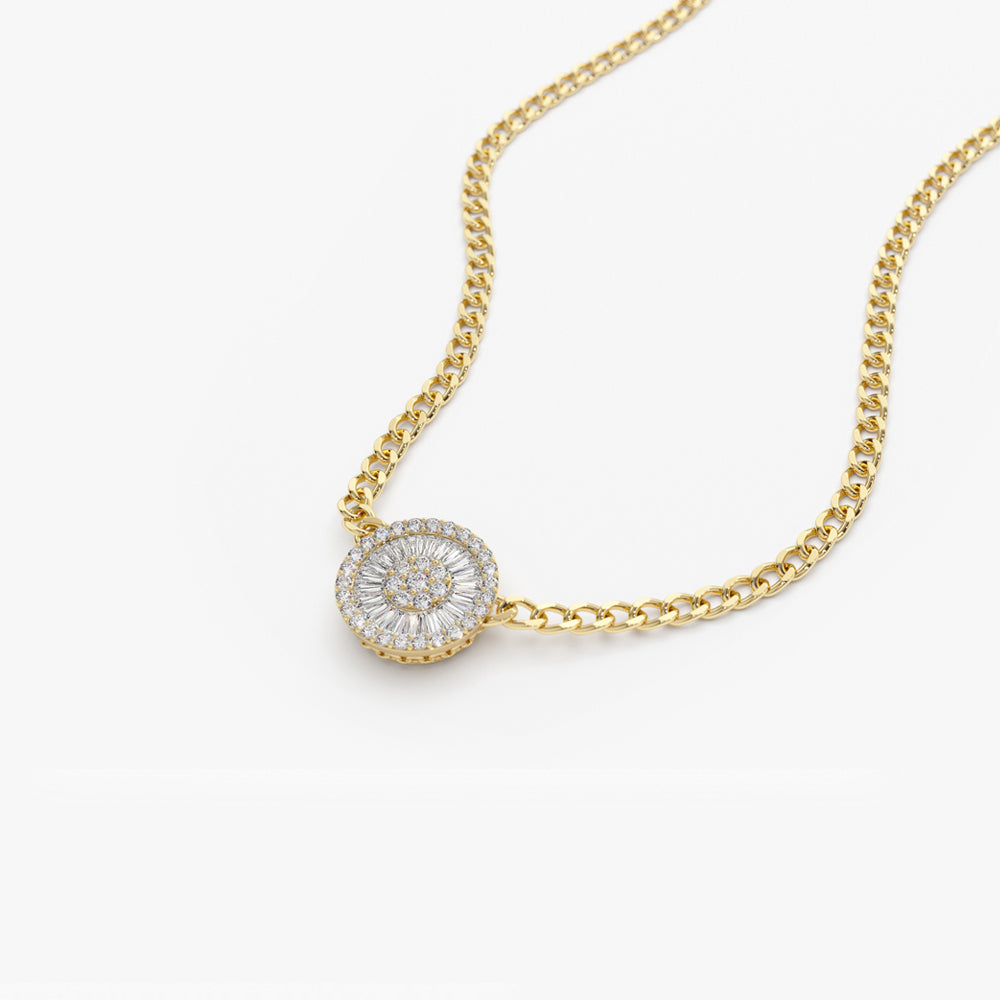 14k Gold Curb Link Baguette Diamond Disc Cluster Necklace