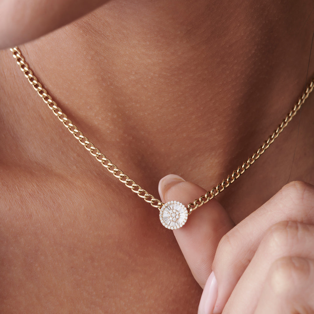 14k Gold Curb Link Baguette Diamond Disc Cluster Necklace