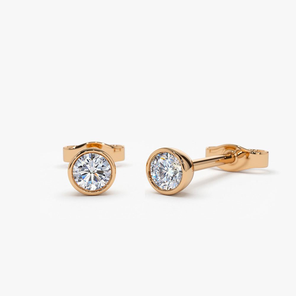 14K Bezel Setting Round Diamond Studs - Geum Jewels