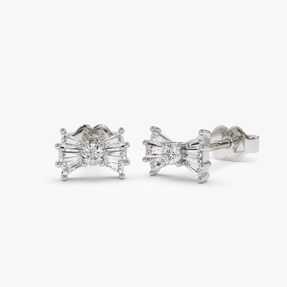 14k Baguette and Round Diamond Bow Stud Earrings - Geum Jewels