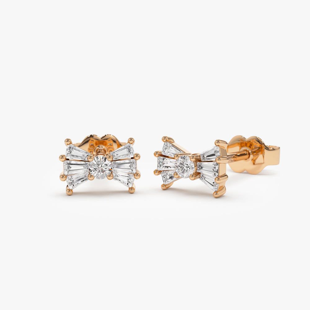 14k Baguette and Round Diamond Bow Stud Earrings - Geum Jewels