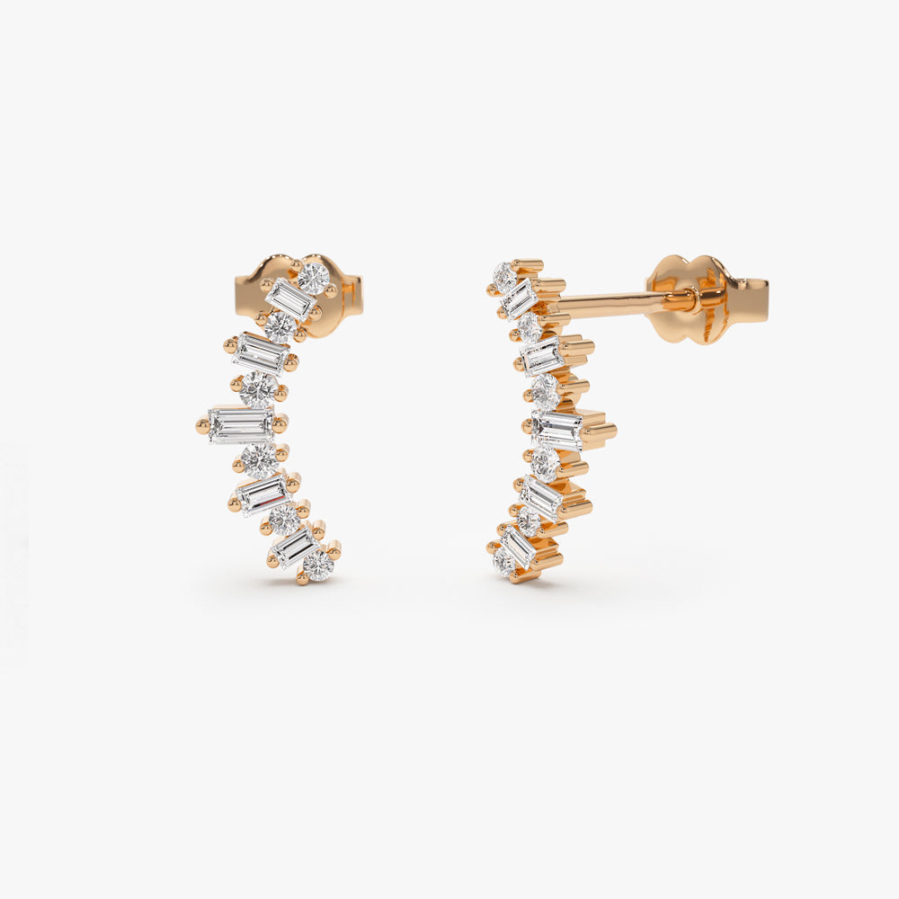 14k Baguette and Round Diamond Ear Crawler Earrings - Geum Jewels