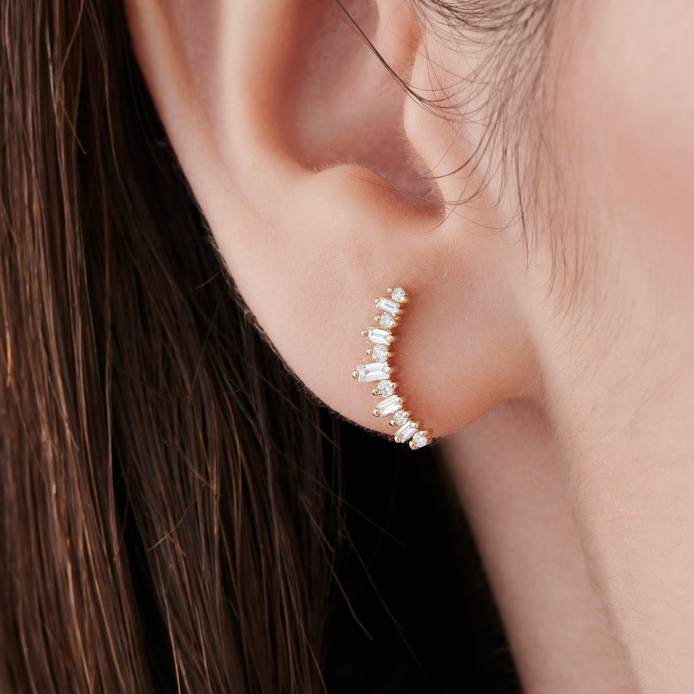 14k Baguette and Round Diamond Ear Crawler Earrings - Geum Jewels