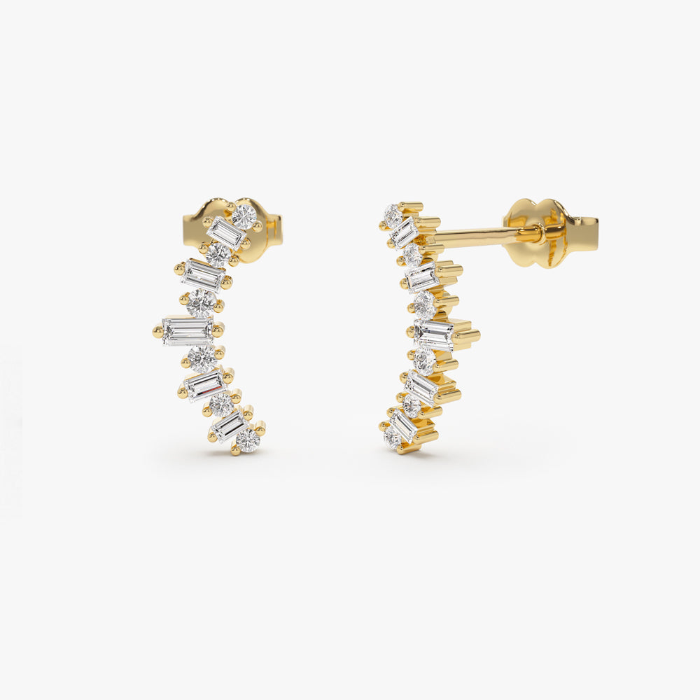 14k Baguette and Round Diamond Ear Crawler Earrings - Geum Jewels