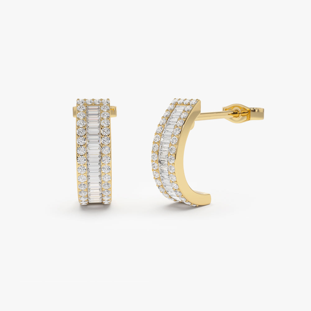 14K Baguette and Round Diamond Micro Pave Earrings - Geum Jewels