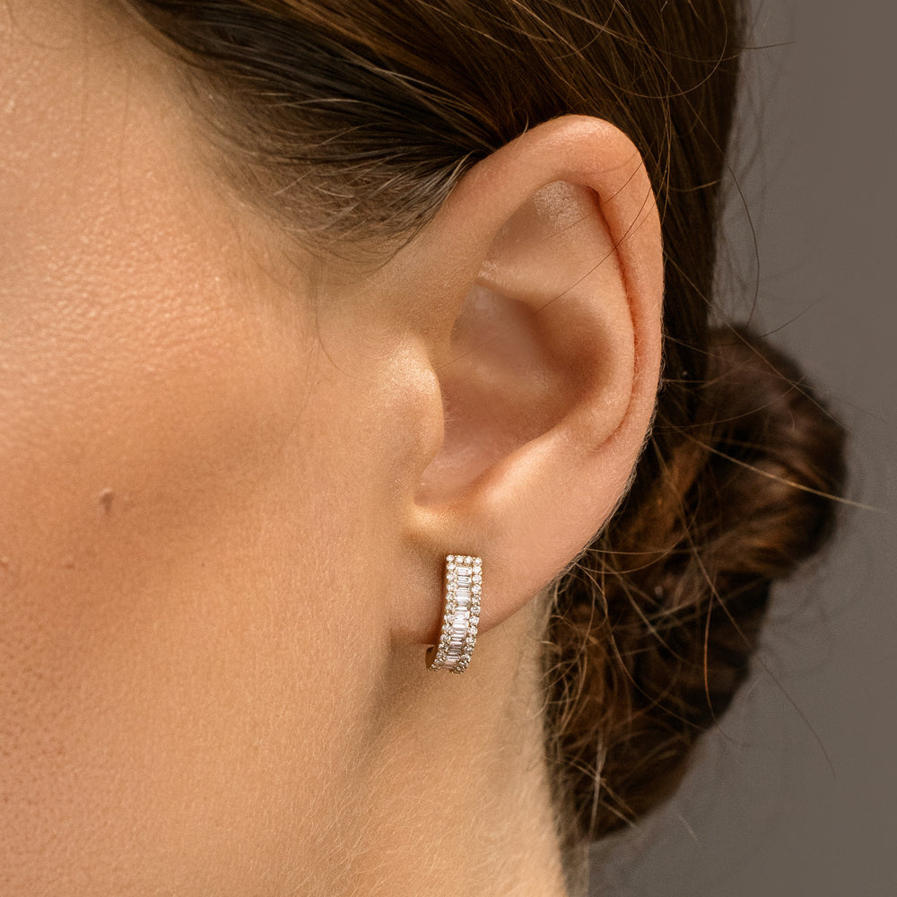 14K Baguette and Round Diamond Micro Pave Earrings - Geum Jewels
