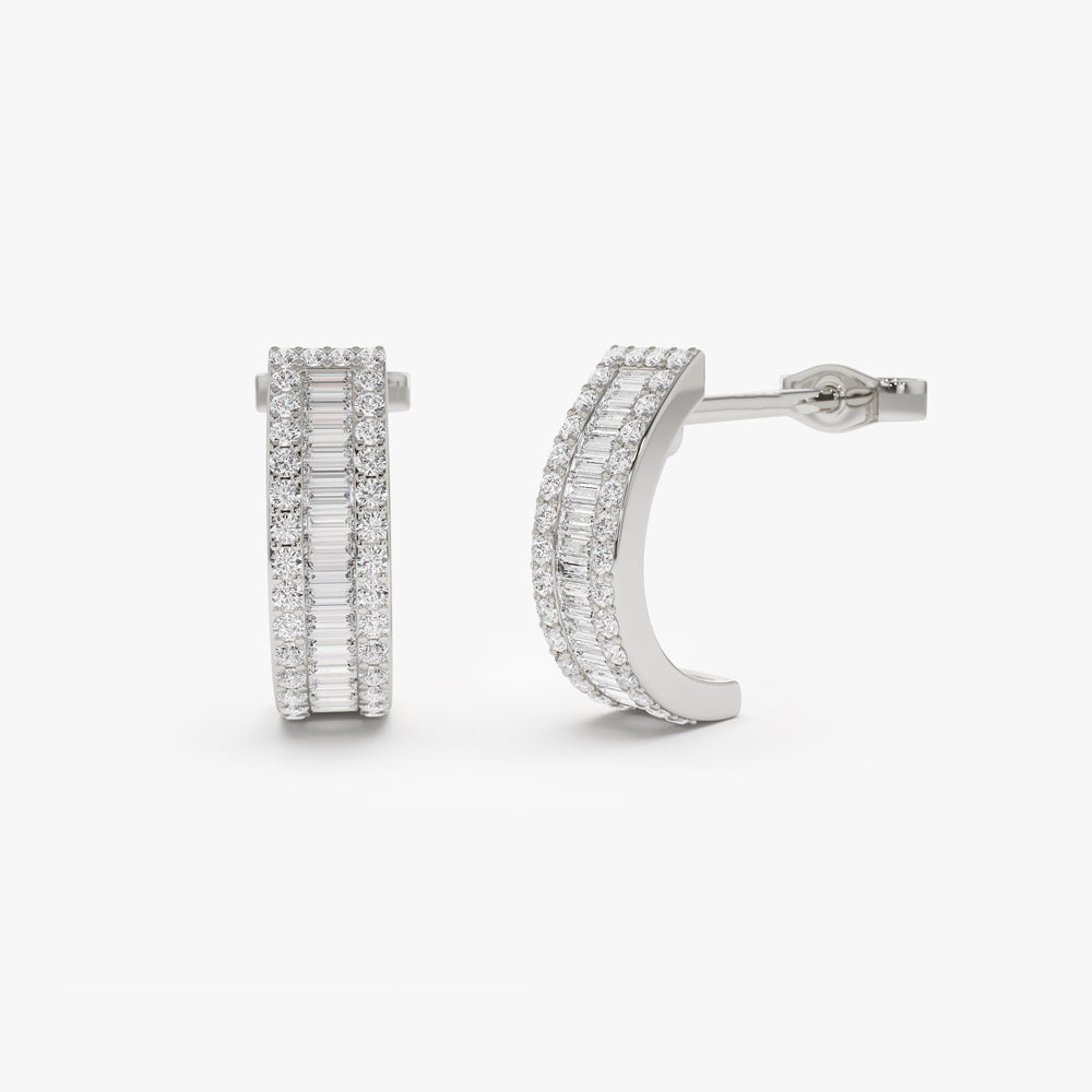 14K Baguette and Round Diamond Micro Pave Earrings - Geum Jewels