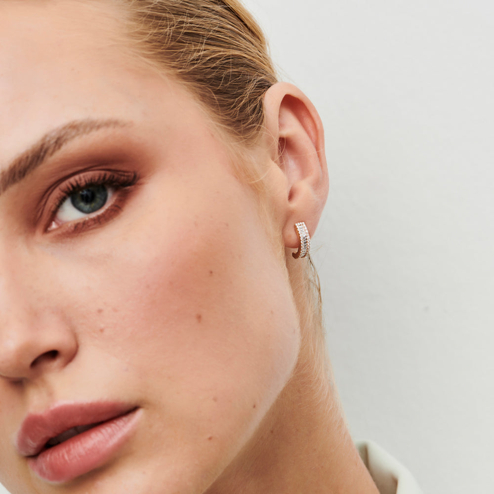 14K Baguette and Round Diamond Micro Pave Earrings - Geum Jewels