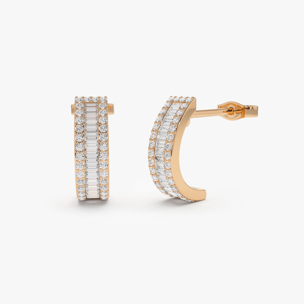 14K Baguette and Round Diamond Micro Pave Earrings - Geum Jewels
