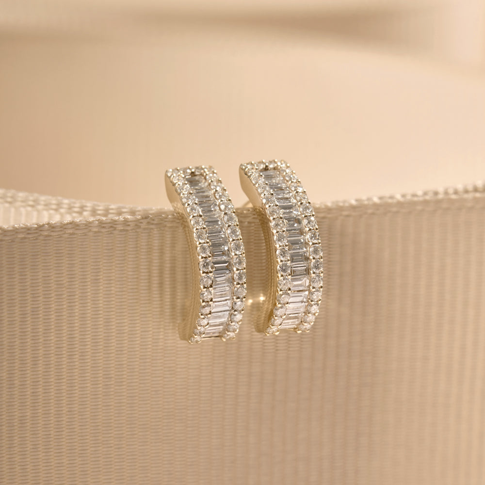 14K Baguette and Round Diamond Micro Pave Earrings - Geum Jewels