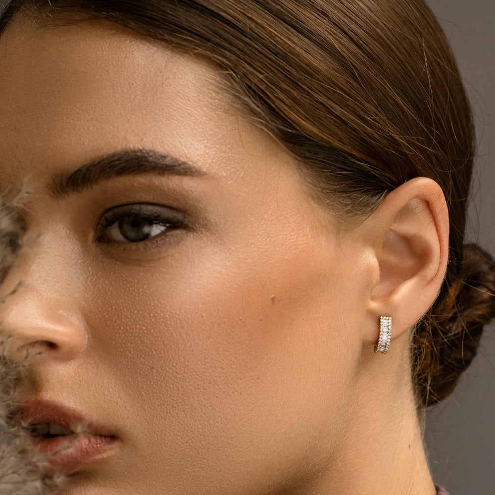 14K Baguette and Round Diamond Micro Pave Earrings - Geum Jewels
