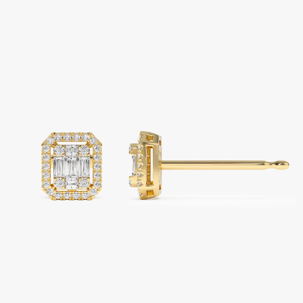 14k Baguette and Round Diamond Studs Halo Setting - Geum Jewels