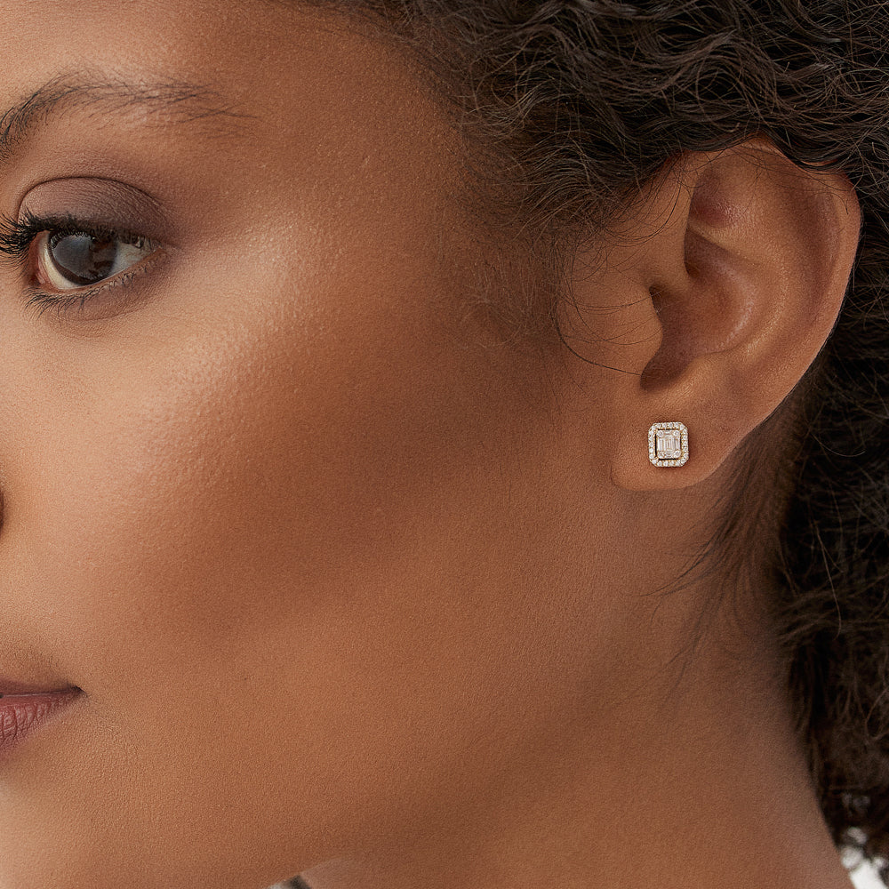 14k Baguette and Round Diamond Studs Halo Setting - Geum Jewels