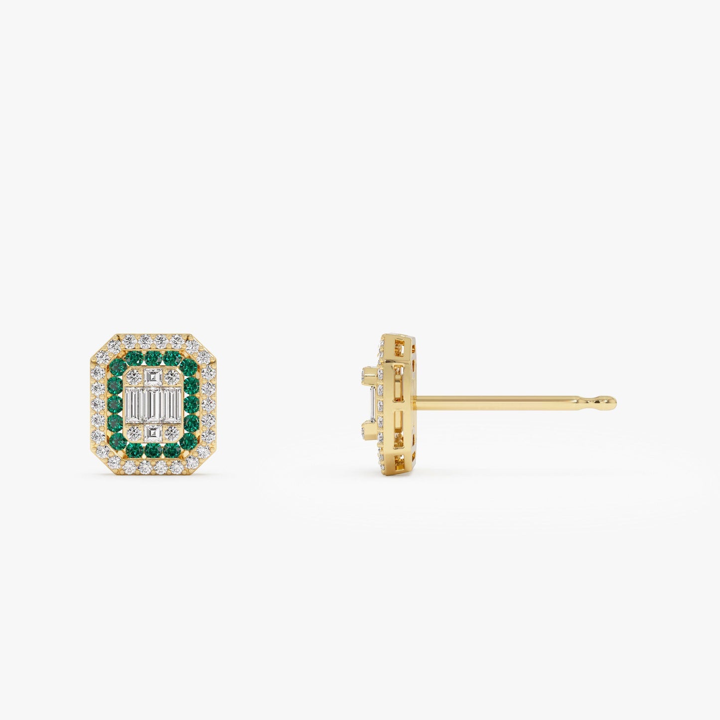 14k Baguette and Round Emerald Studs Halo Setting - Geum Jewels