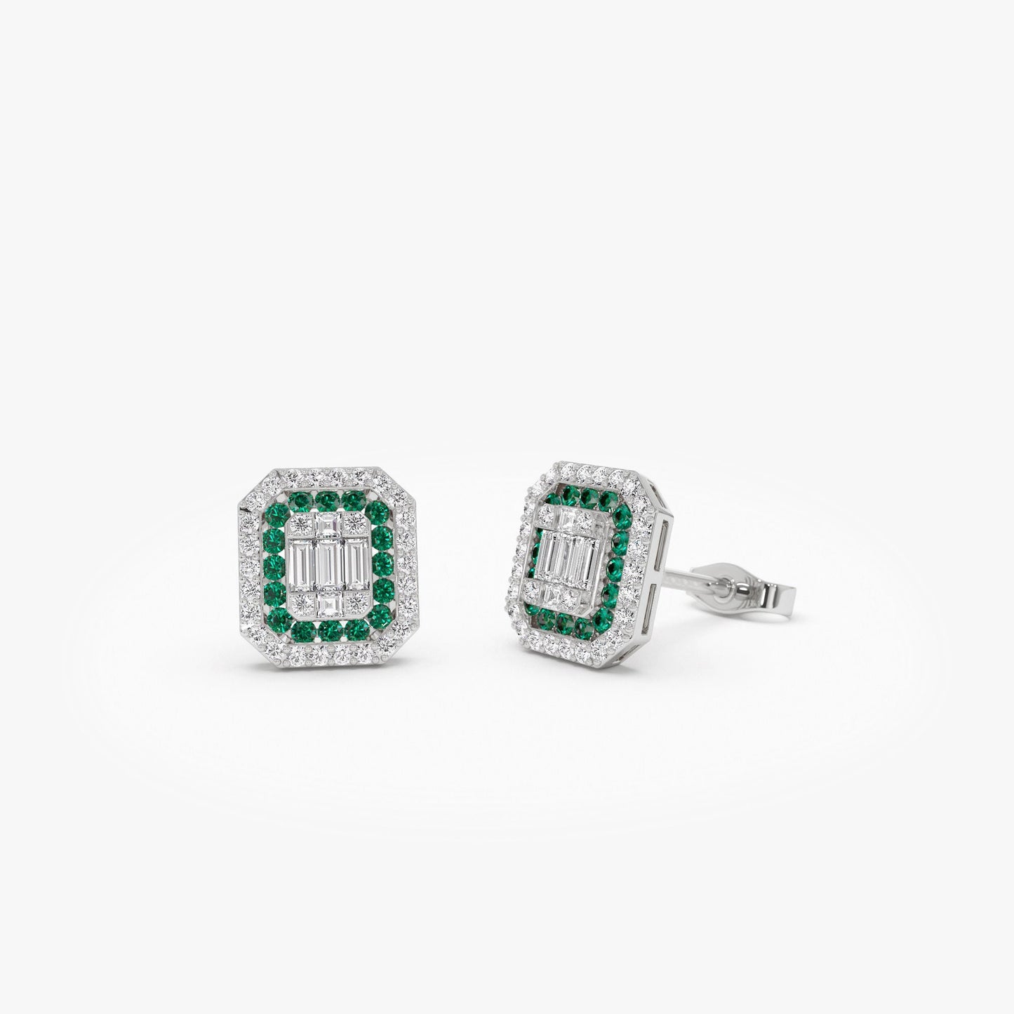 14k Baguette and Round Emerald Studs Halo Setting - Geum Jewels
