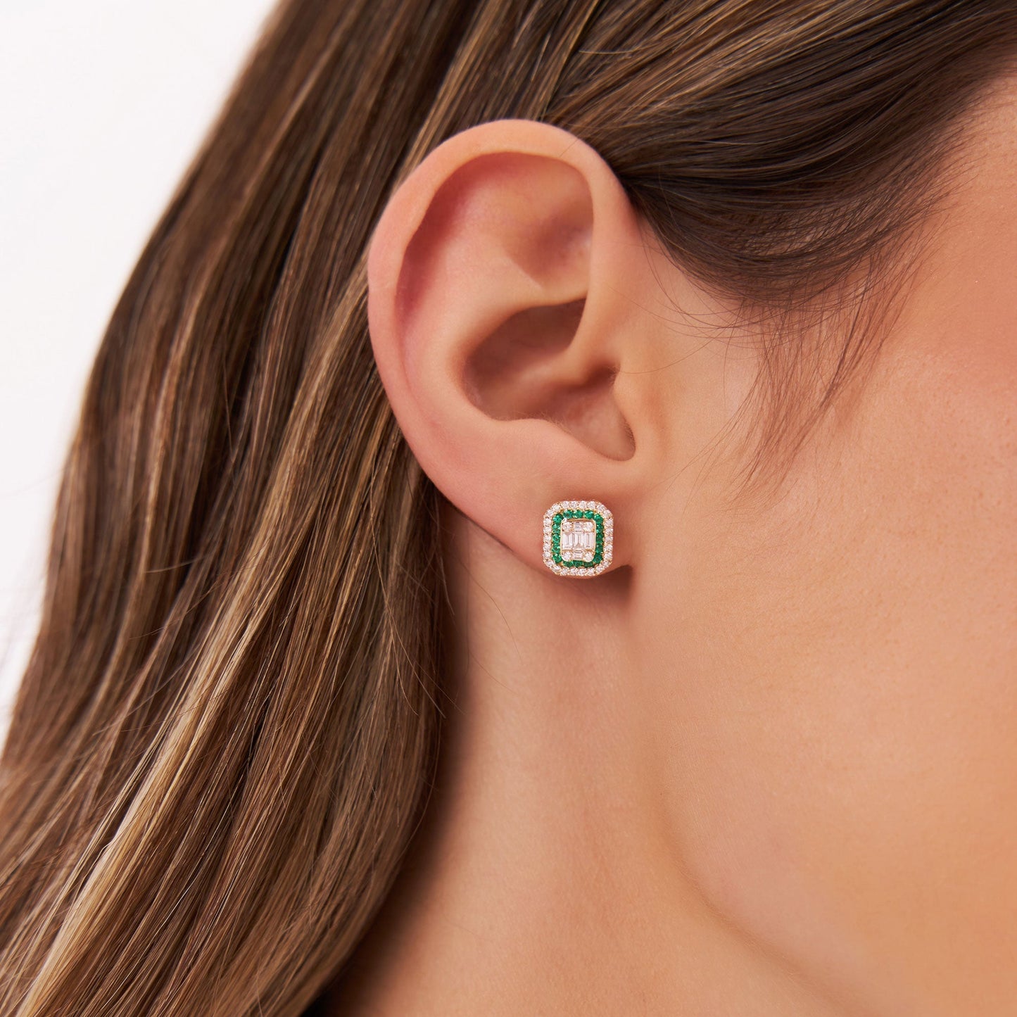 14k Baguette and Round Emerald Studs Halo Setting - Geum Jewels