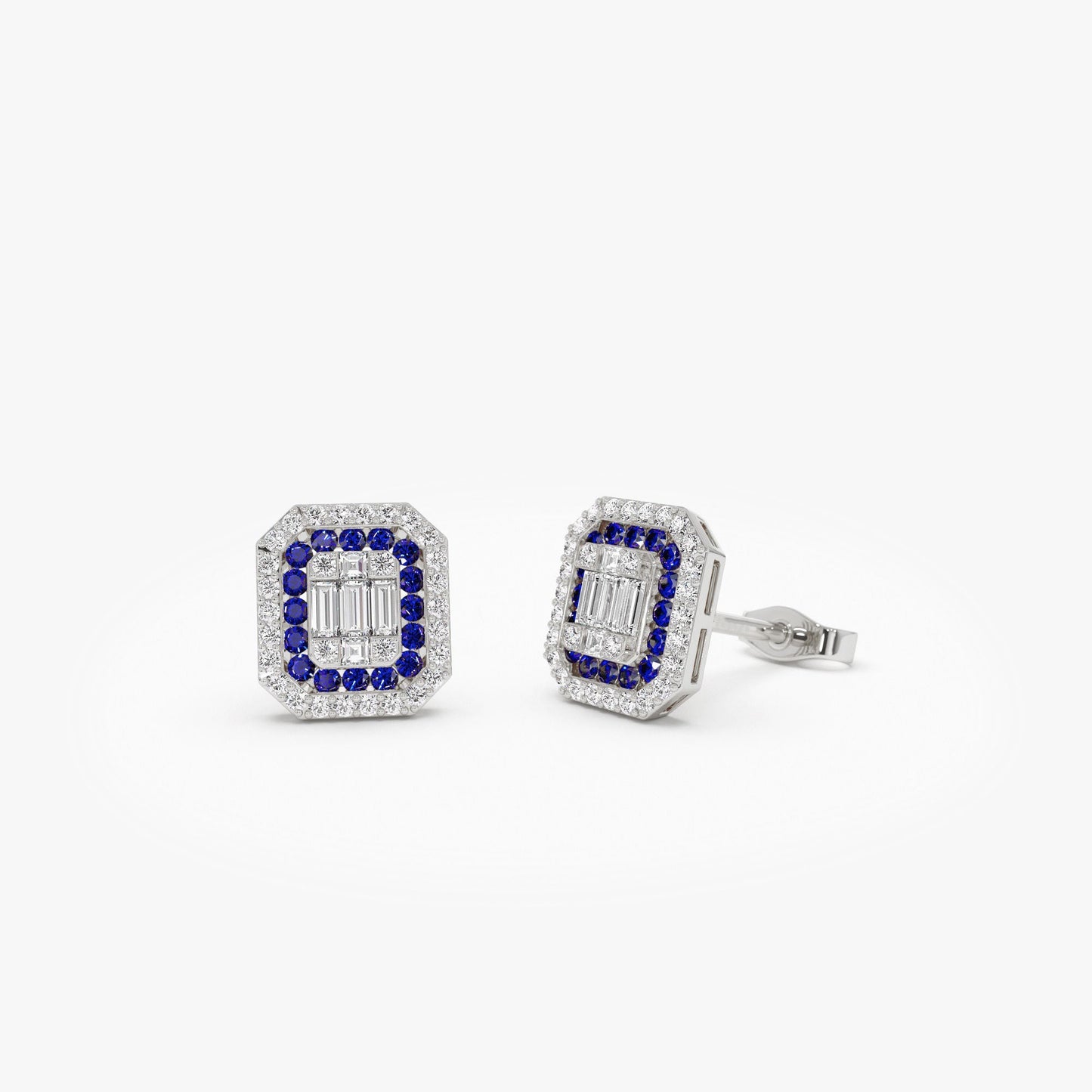 14k Baguette and Round Sapphire Studs Halo Setting - Geum Jewels
