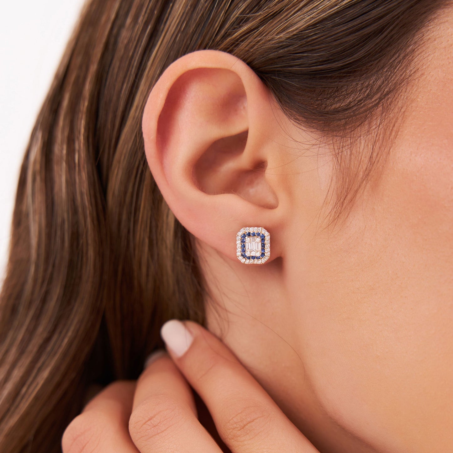 14k Baguette and Round Sapphire Studs Halo Setting - Geum Jewels