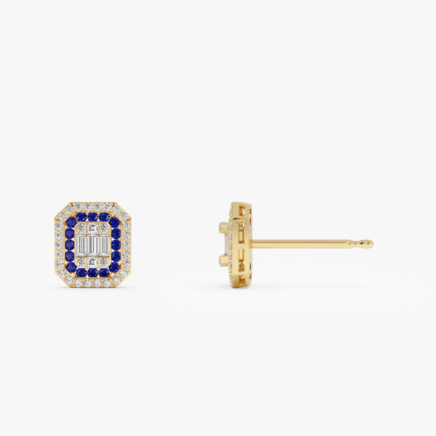 14k Baguette and Round Sapphire Studs Halo Setting - Geum Jewels