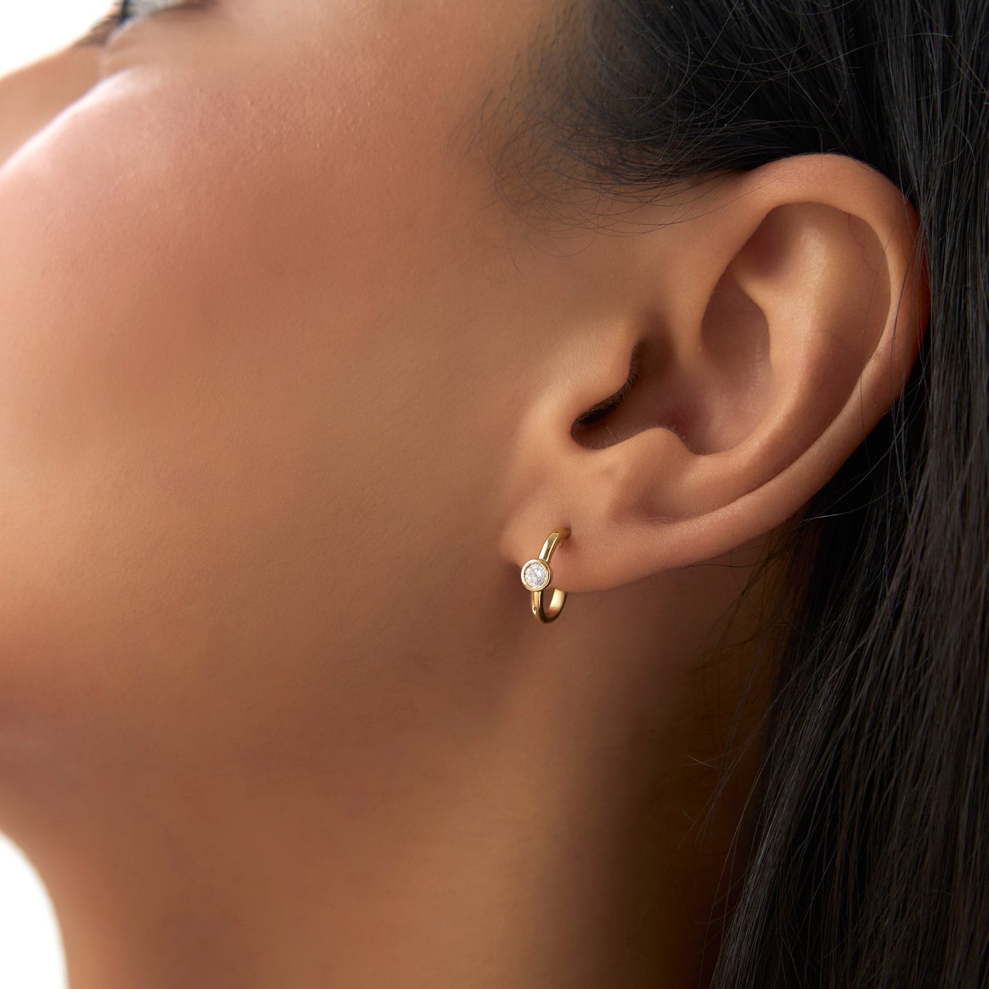 14k Bezel Setting Diamond J Hoops - Geum Jewels