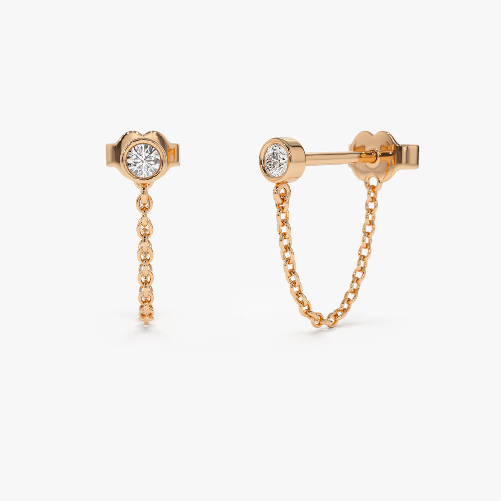 14k Bezel Setting Diamond Studs Chain Earrings - Geum Jewels