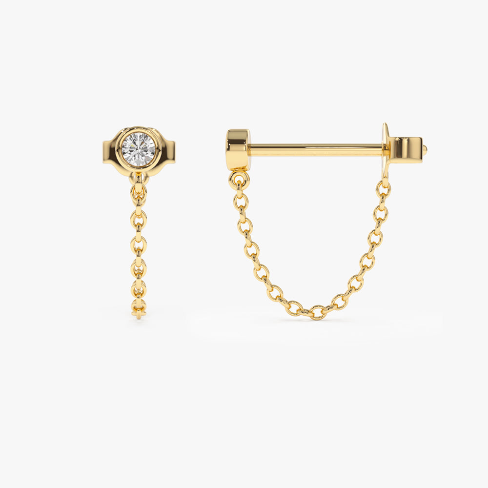 14k Bezel Setting Diamond Studs Chain Earrings - Geum Jewels