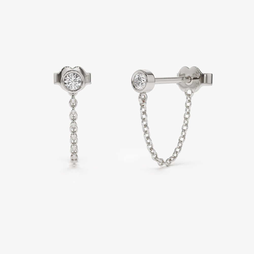 14k Bezel Setting Diamond Studs Chain Earrings - Geum Jewels