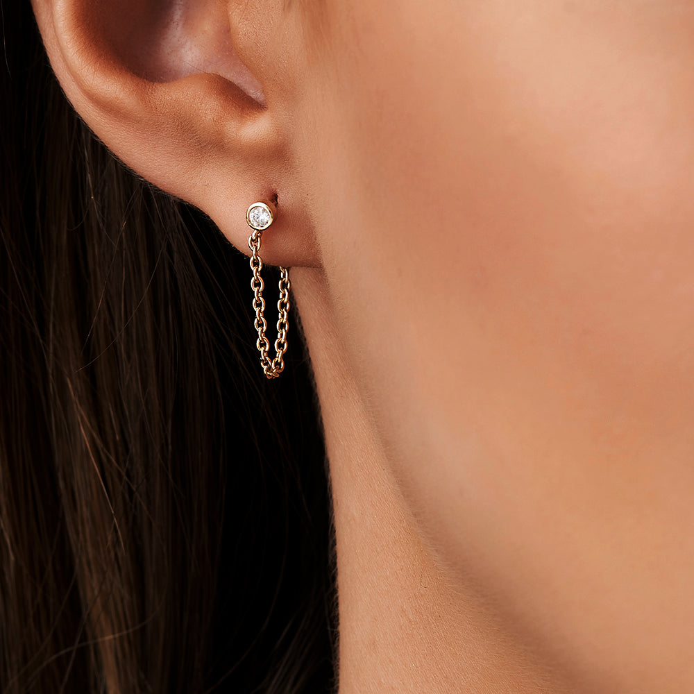 14k Bezel Setting Diamond Studs Chain Earrings - Geum Jewels