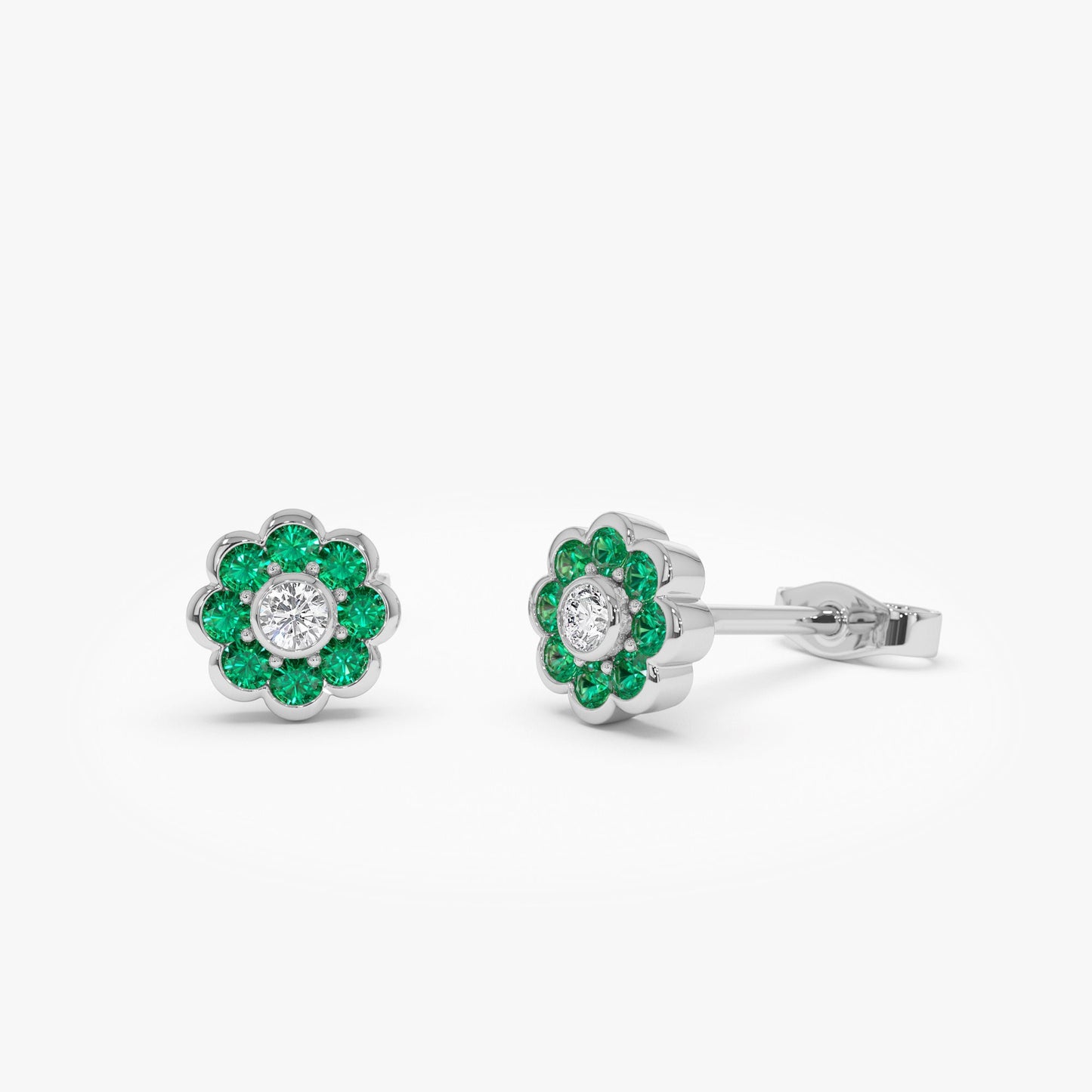 14K Bezel Setting Emerald Flower Diamond Studs - Geum Jewels