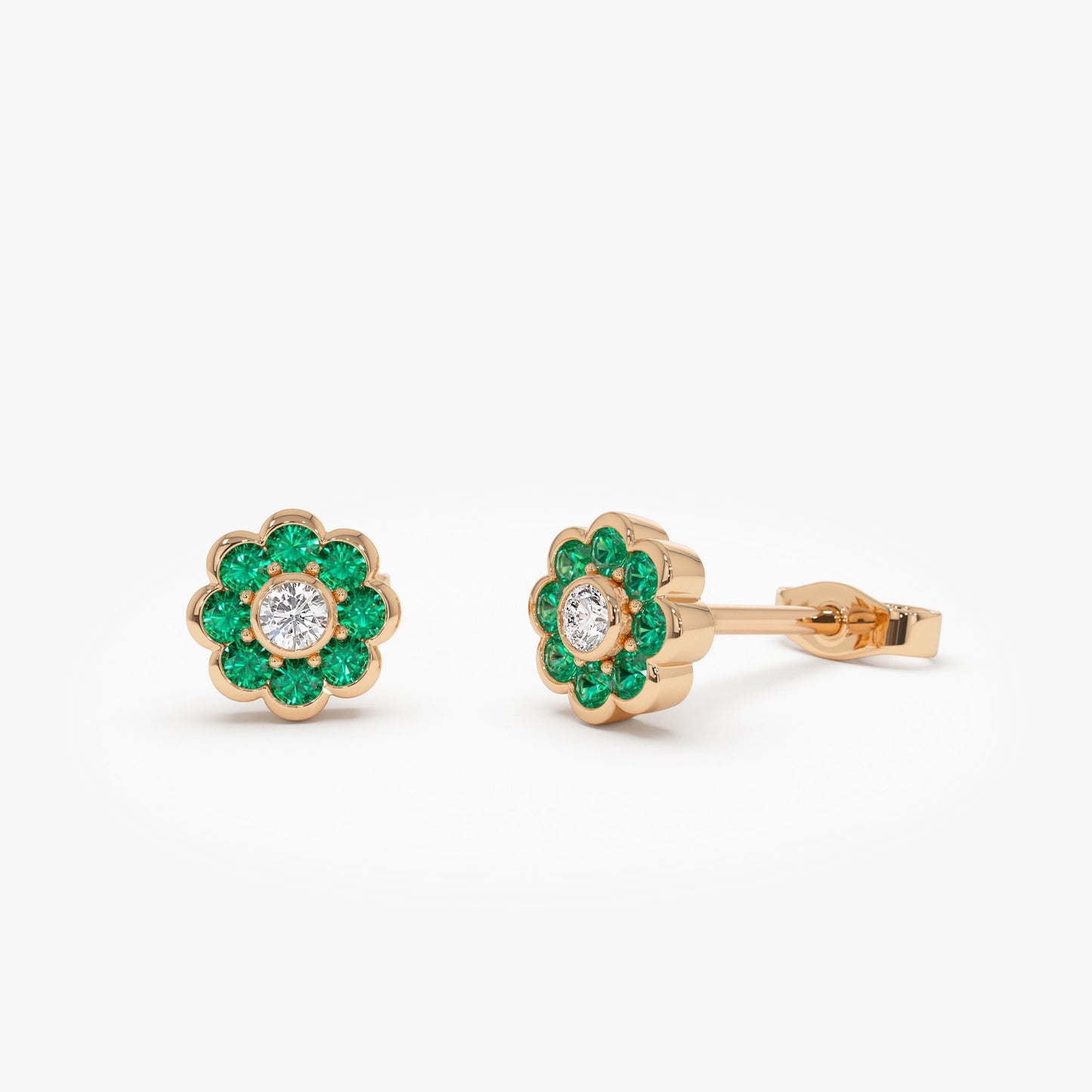 14K Bezel Setting Emerald Flower Diamond Studs - Geum Jewels