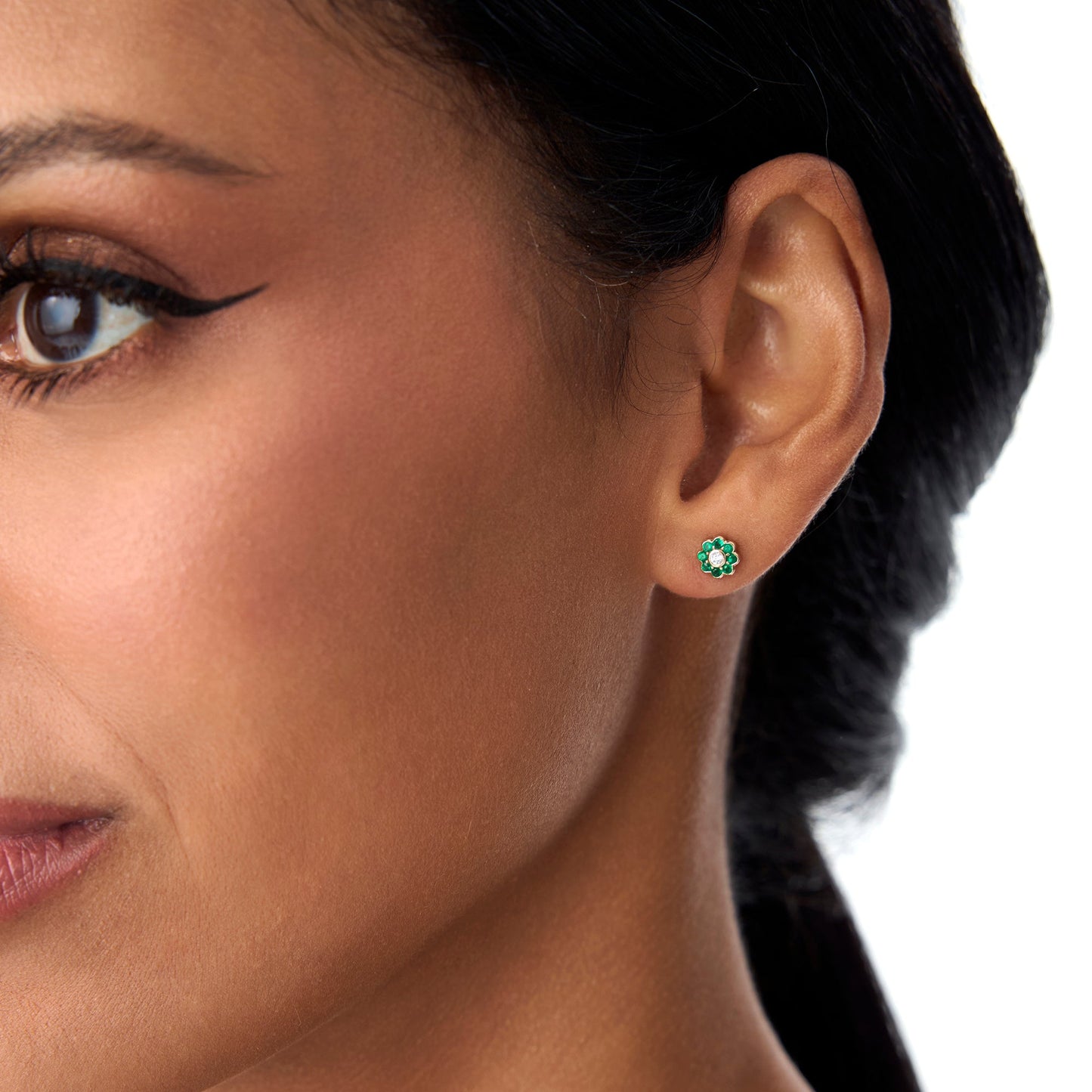14K Bezel Setting Emerald Flower Diamond Studs - Geum Jewels