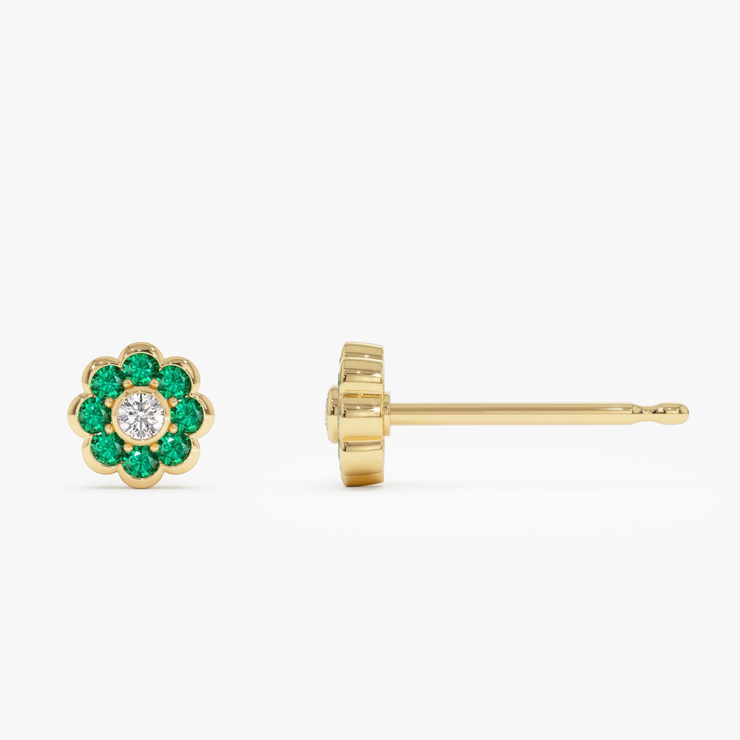 14K Bezel Setting Emerald Flower Diamond Studs - Geum Jewels