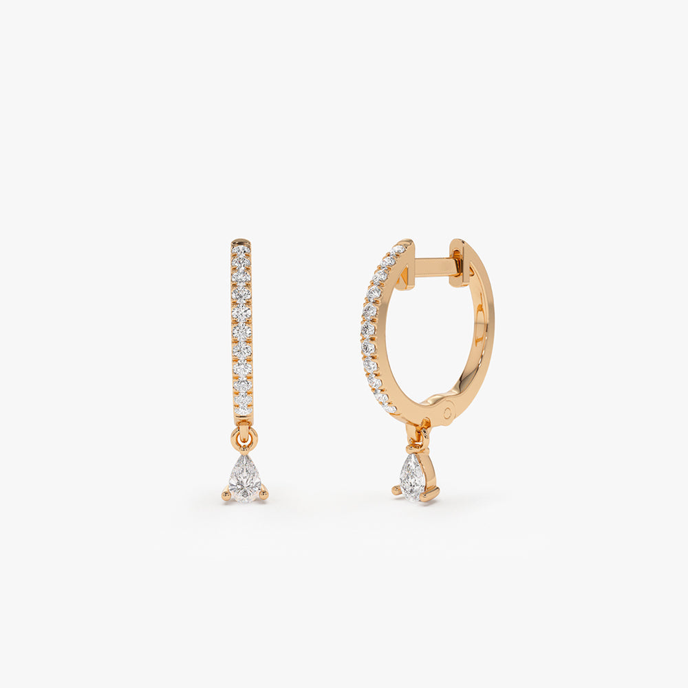 14k Diamond Huggies with a Dangling Pear Shape Diamond - Geum Jewels