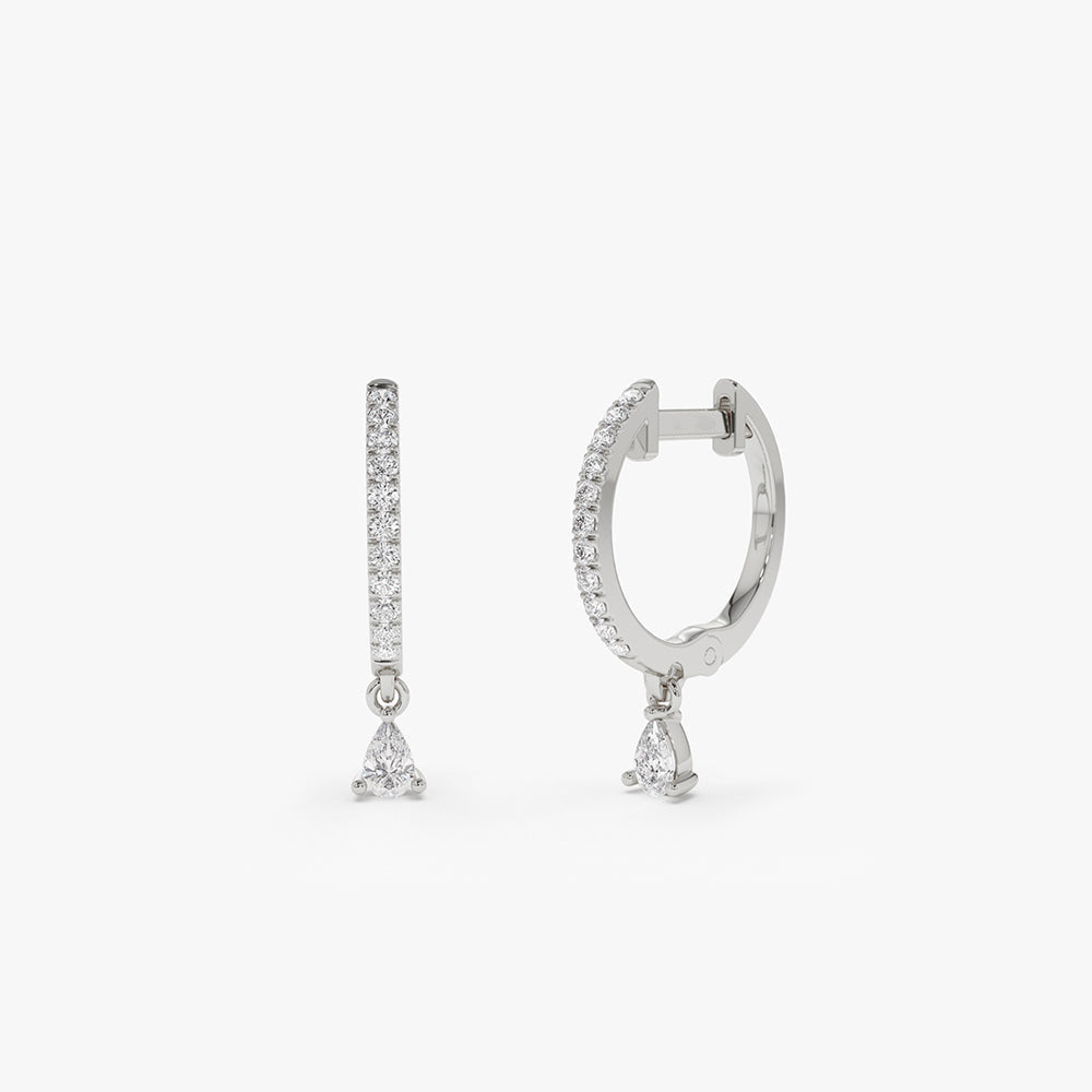 14k Diamond Huggies with a Dangling Pear Shape Diamond - Geum Jewels