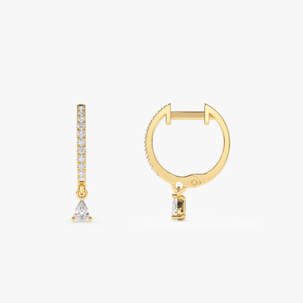14k Diamond Huggies with a Dangling Pear Shape Diamond - Geum Jewels