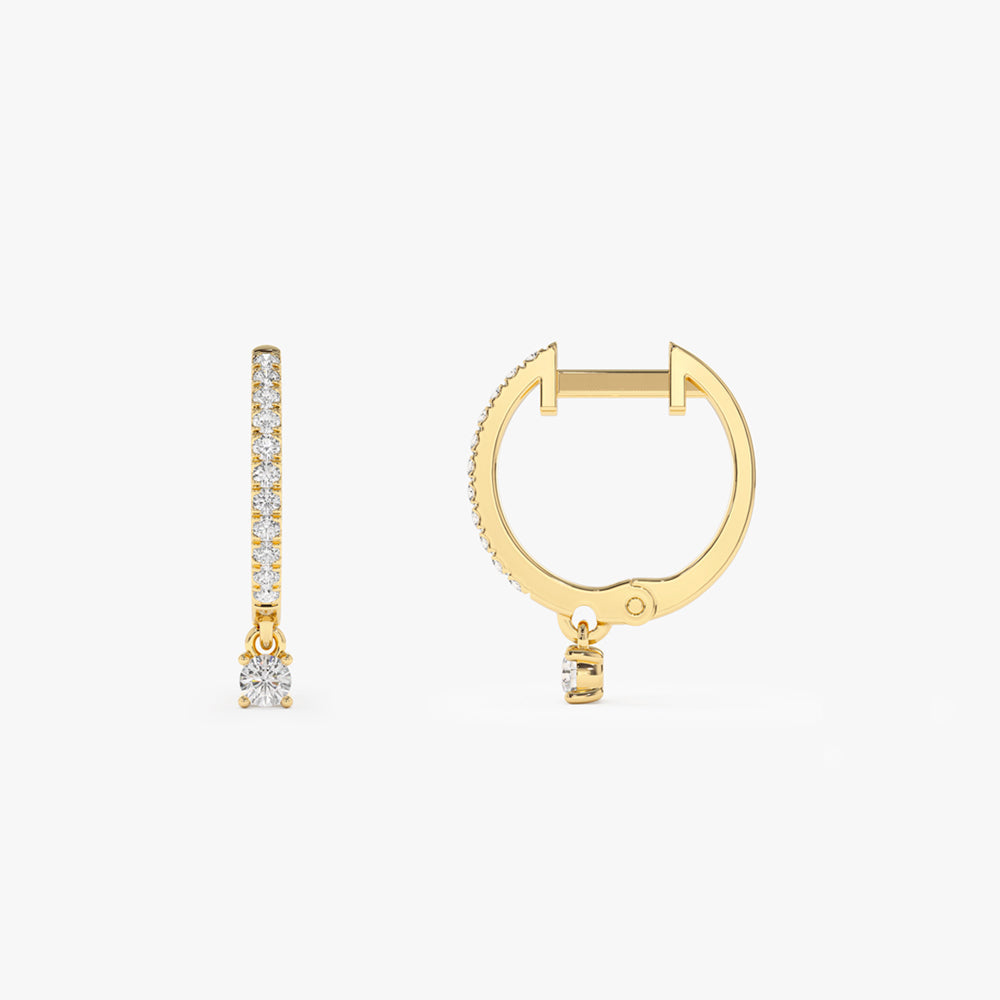 14k Diamond Huggies with a Dangling Round Diamond - Geum Jewels