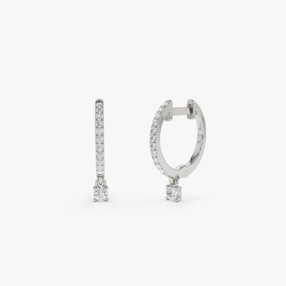 14k Diamond Huggies with a Dangling Round Diamond - Geum Jewels