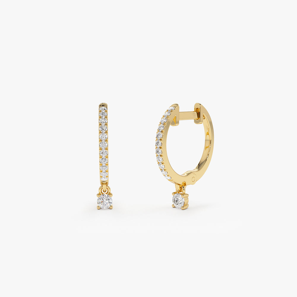 14k Diamond Huggies with a Dangling Round Diamond - Geum Jewels