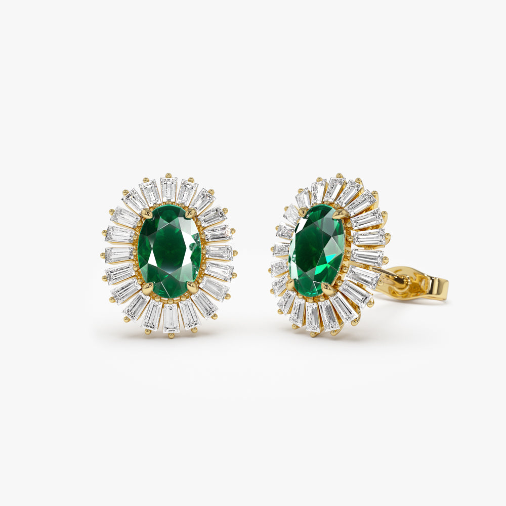 14k Emerald and Baguette Diamond Ballerina Stud Earrings - Geum Jewels