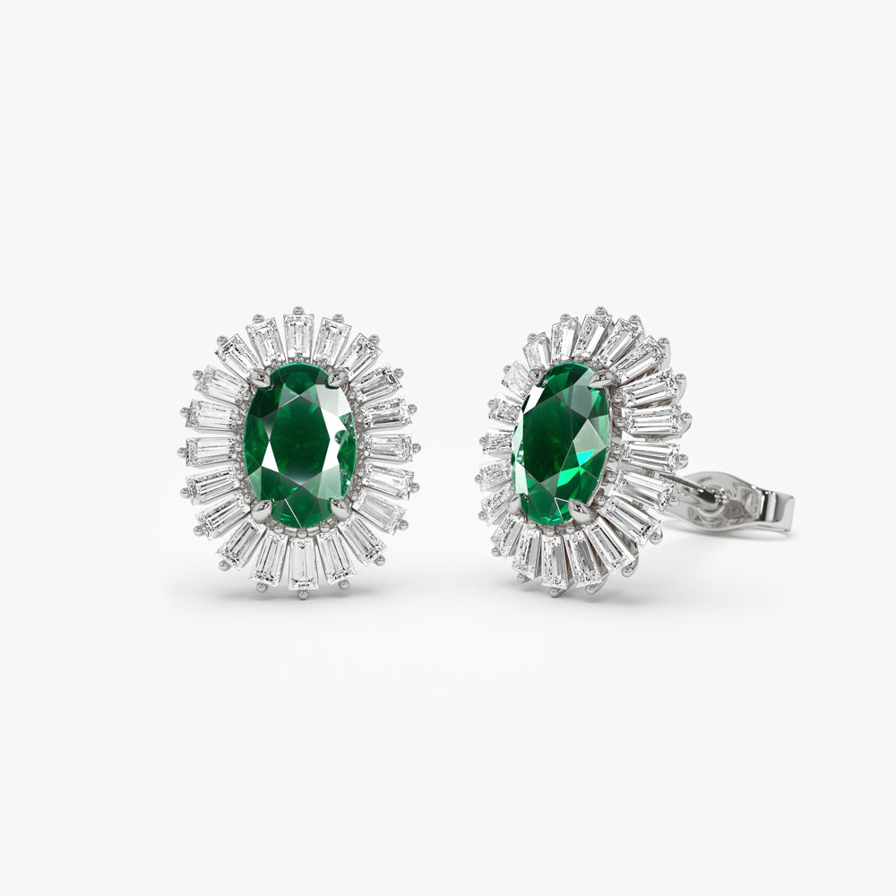 14k Emerald and Baguette Diamond Ballerina Stud Earrings - Geum Jewels