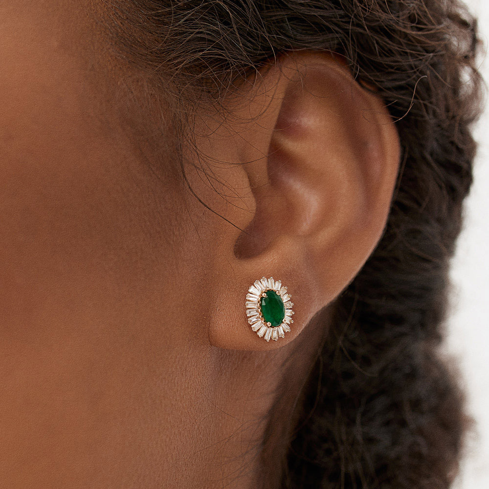 14k Emerald and Baguette Diamond Ballerina Stud Earrings - Geum Jewels