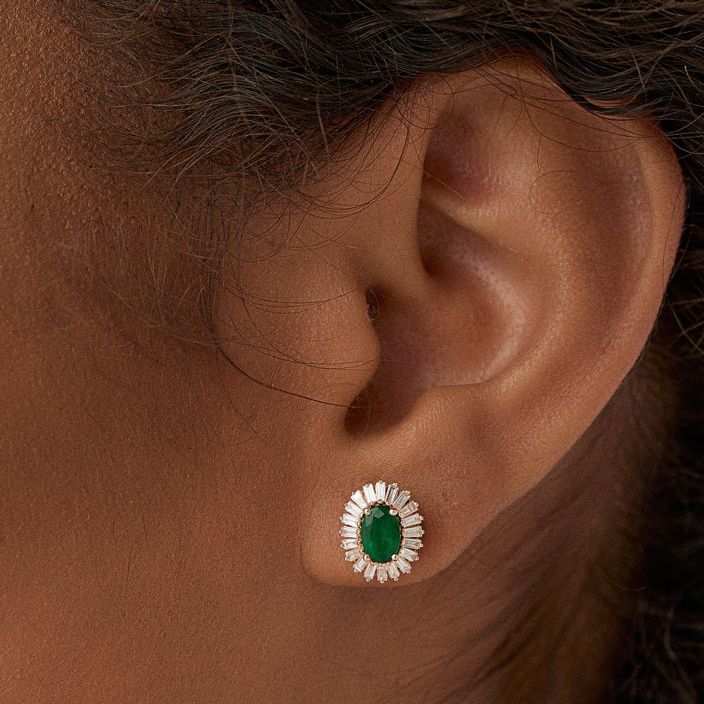 14k Emerald and Baguette Diamond Ballerina Stud Earrings - Geum Jewels