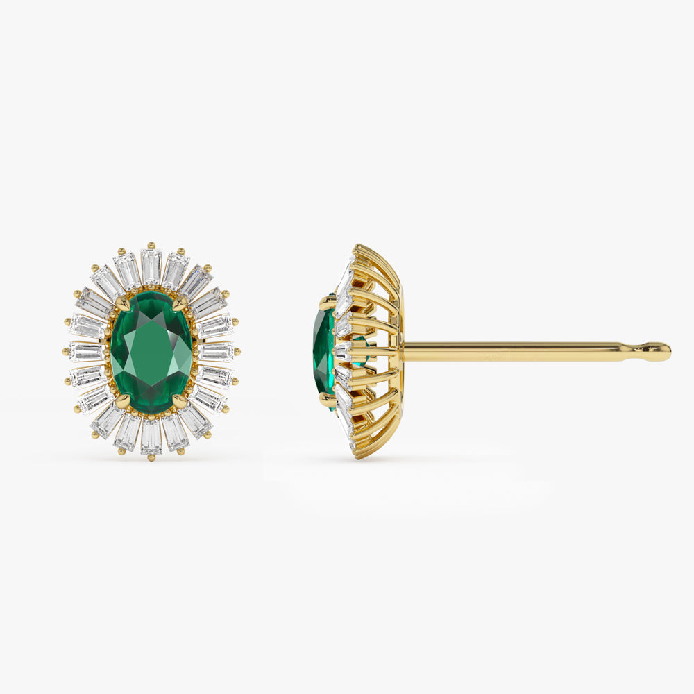 14k Emerald and Baguette Diamond Ballerina Stud Earrings - Geum Jewels